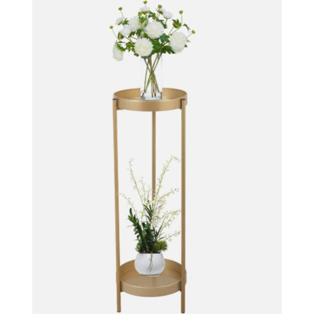 Jaxpety 2-Tier Metal Plant Stand Gold Round Tray Indoor Outdoor Flower Shelf